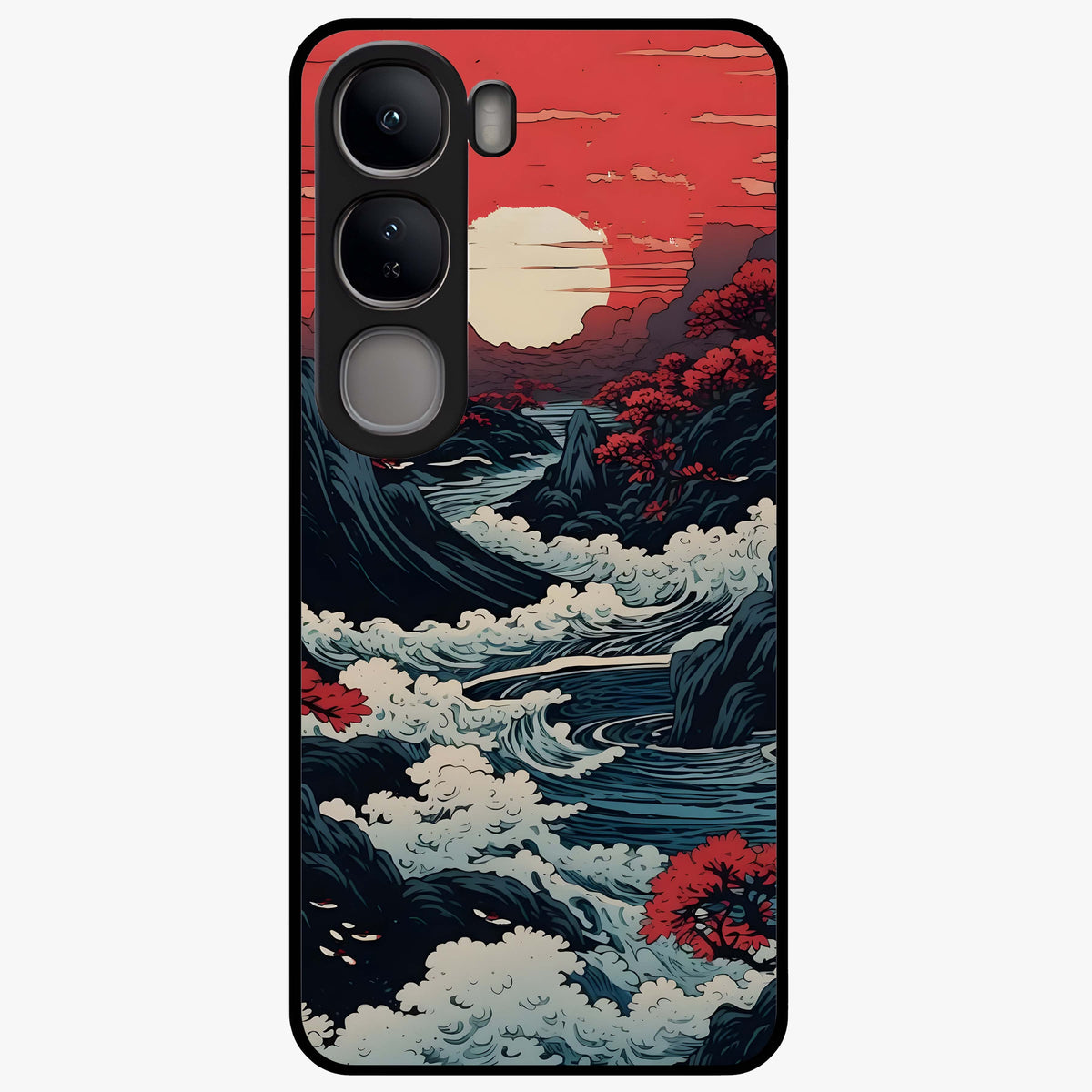Red Sunset Scenery Glass Case showing flat back view with vibrant sunset landscape artwork and glossy glass finish.