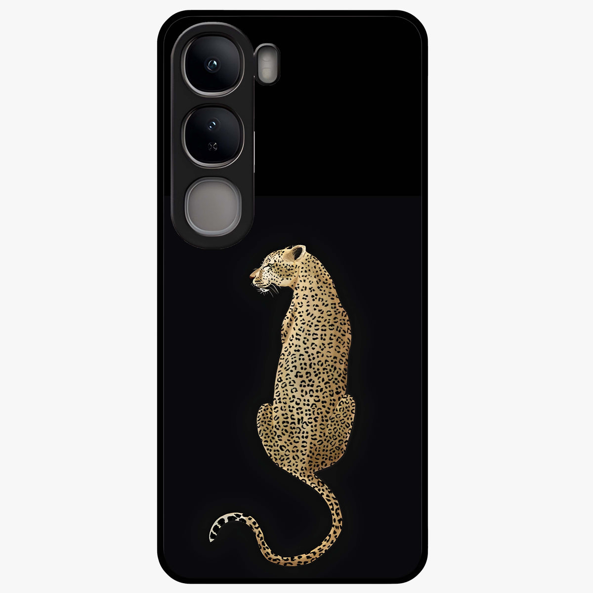 Regal Leopard Glass Case showing flat back view with bold leopard artwork and glossy glass finish.