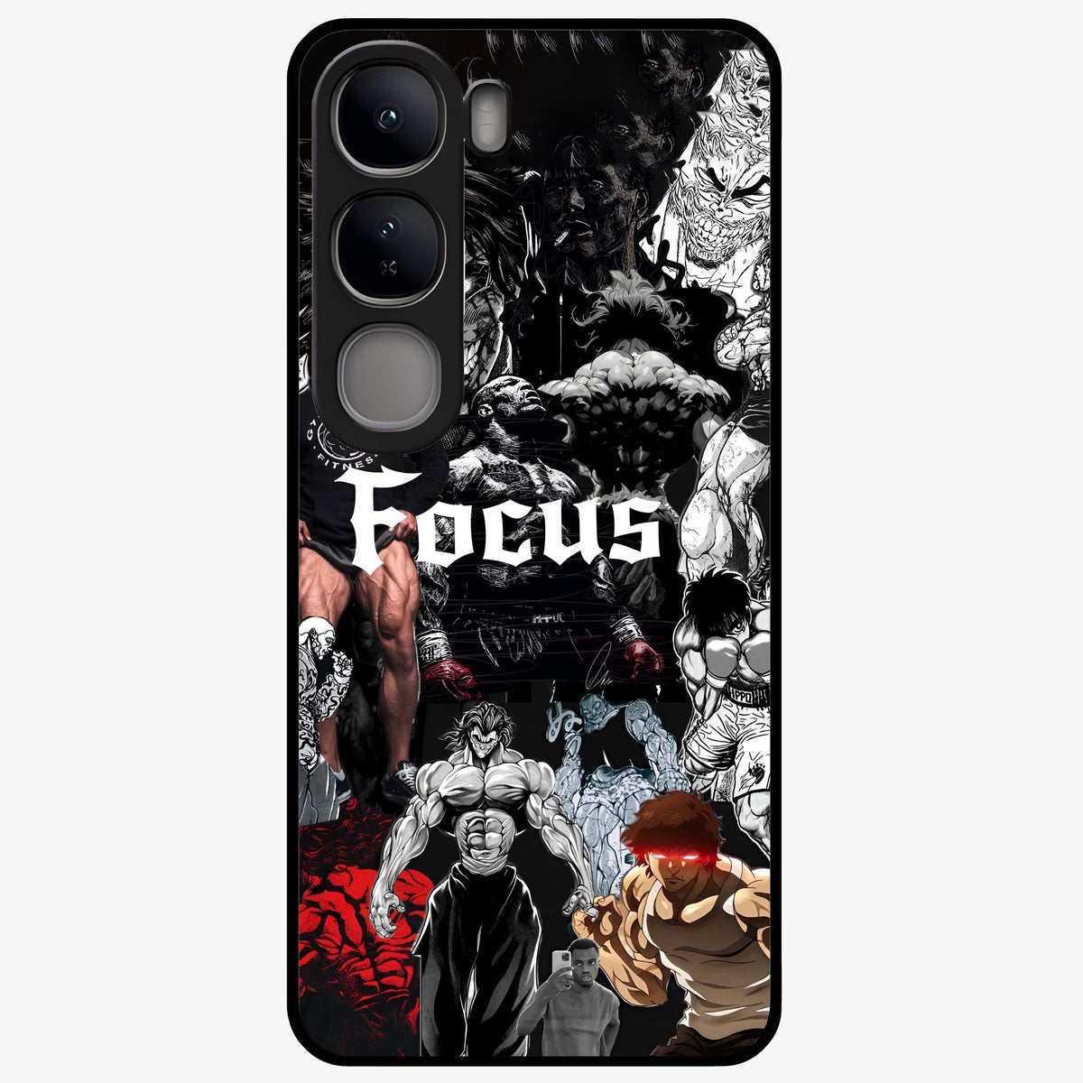 Relentless Power Focus Glass Case showing flat back view with motivational typography artwork and glossy glass finish.