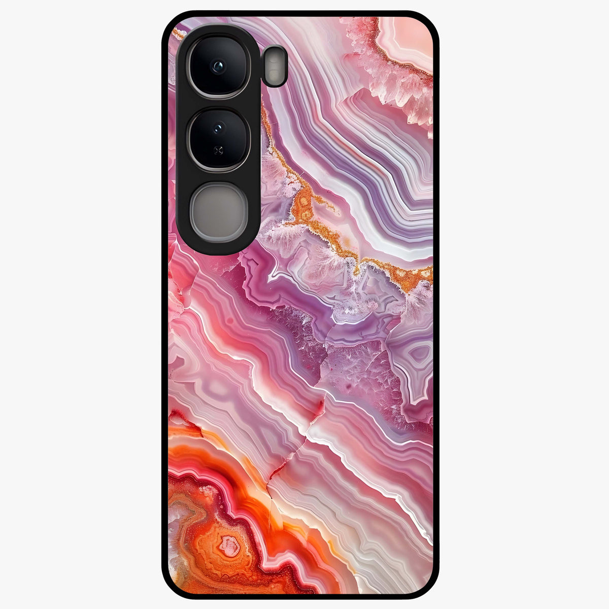 Rose Quartz Marble Glass Case showing flat back view with pink marble quartz texture artwork and glossy glass finish.