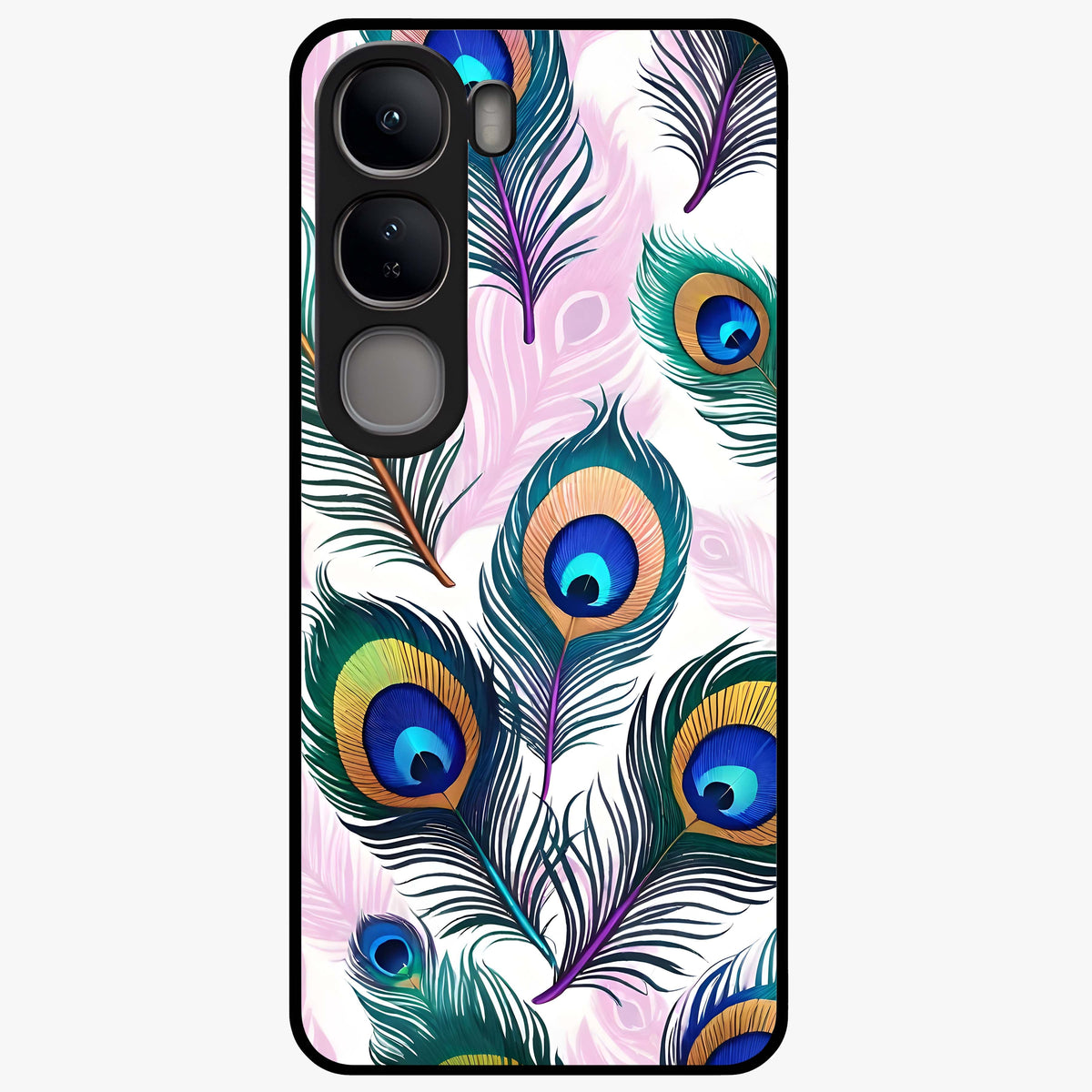 Royal Peacock Feathers Glass Case showing flat back view with colorful peacock feather artwork and glossy glass finish.