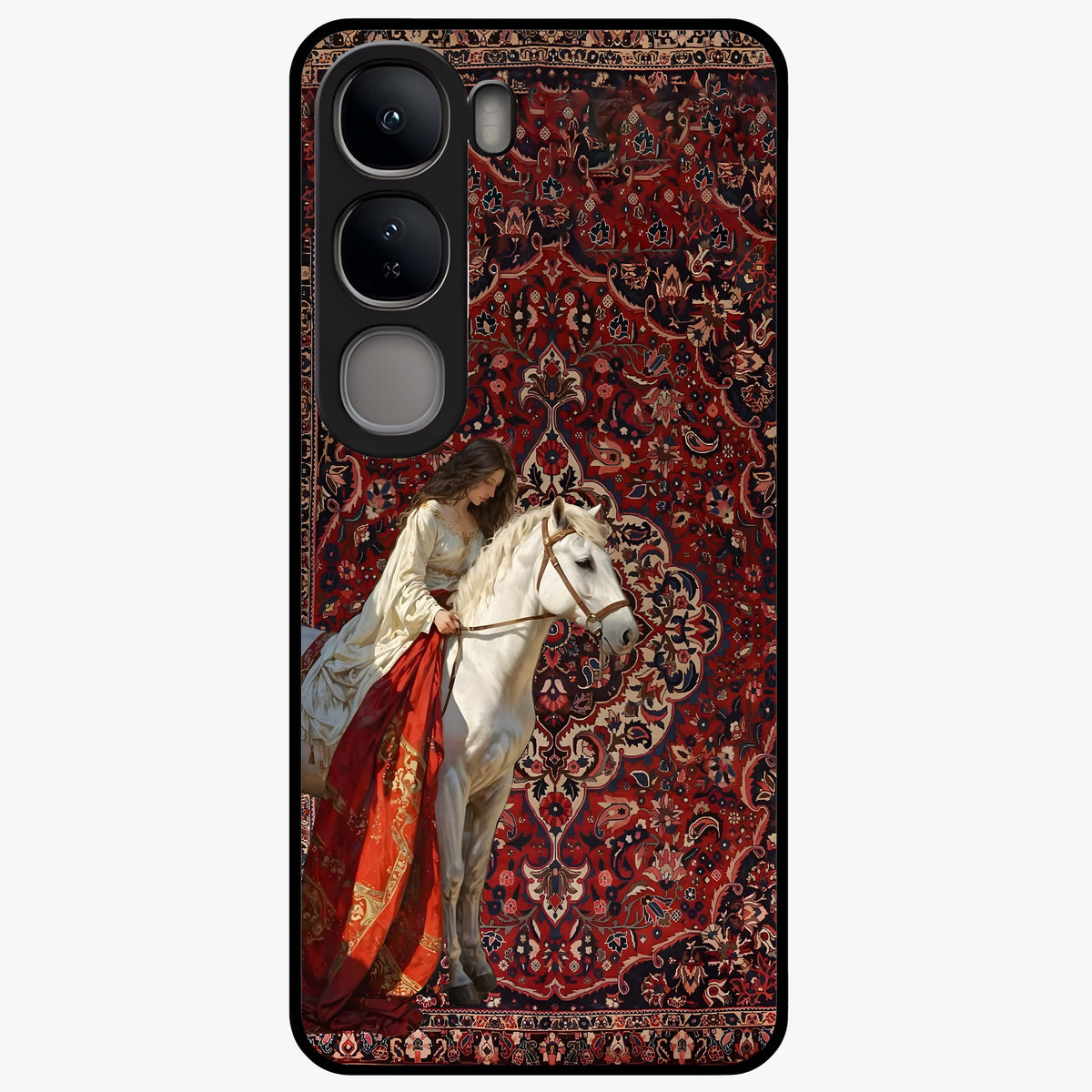 Royal Rider Tapestry Glass Case showing flat back view with majestic horse rider tapestry artwork and glossy glass finish.
