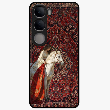 Royal Rider Tapestry Glass Case showing flat back view with majestic horse rider tapestry artwork and glossy glass finish.