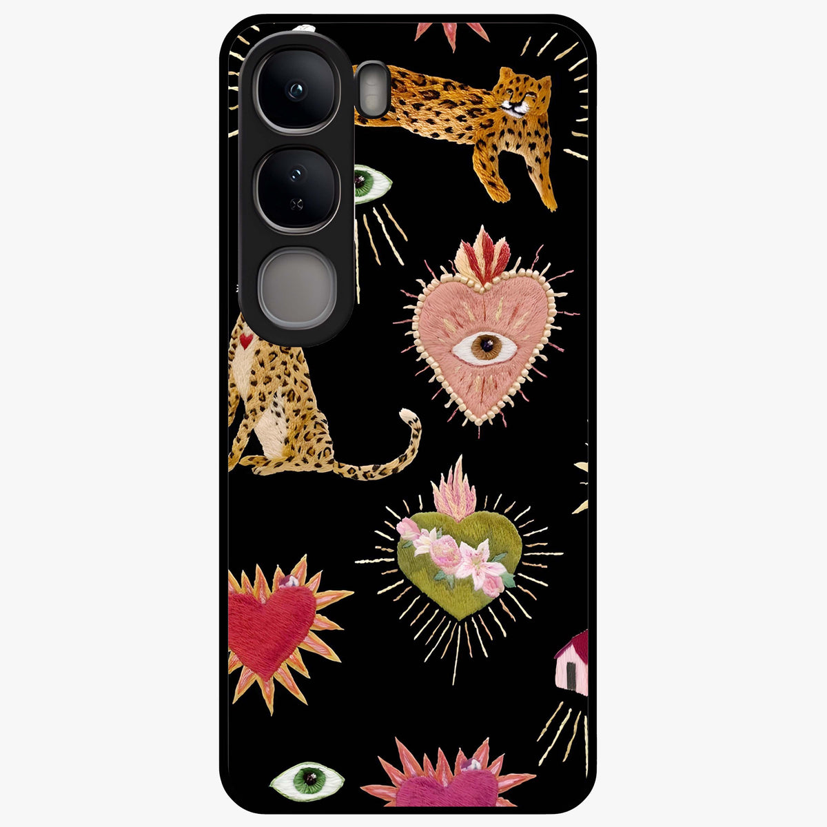 Sacred Jungle Heart Glass Case showing flat back view with jungle inspired heart artwork and glossy glass finish.