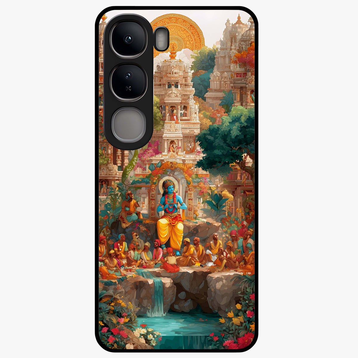 Sacred Sunlight Gods Glass Case showing flat back view with divine sunlight themed artwork and glossy glass finish.
