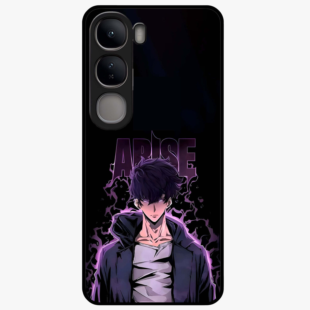 Shadow Monarch Awakening Glass Case showing flat back view with powerful dark monarch themed artwork and glossy glass finish.