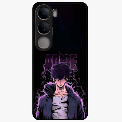Shadow Monarch Awakening Glass Case showing flat back view with powerful dark monarch themed artwork and glossy glass finish.