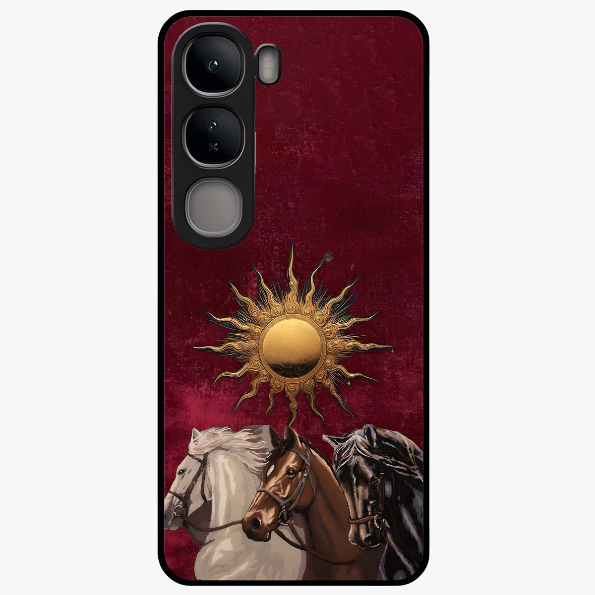 Solar Riders Glass Case showing flat back view with dynamic rider themed artwork and glossy glass finish.