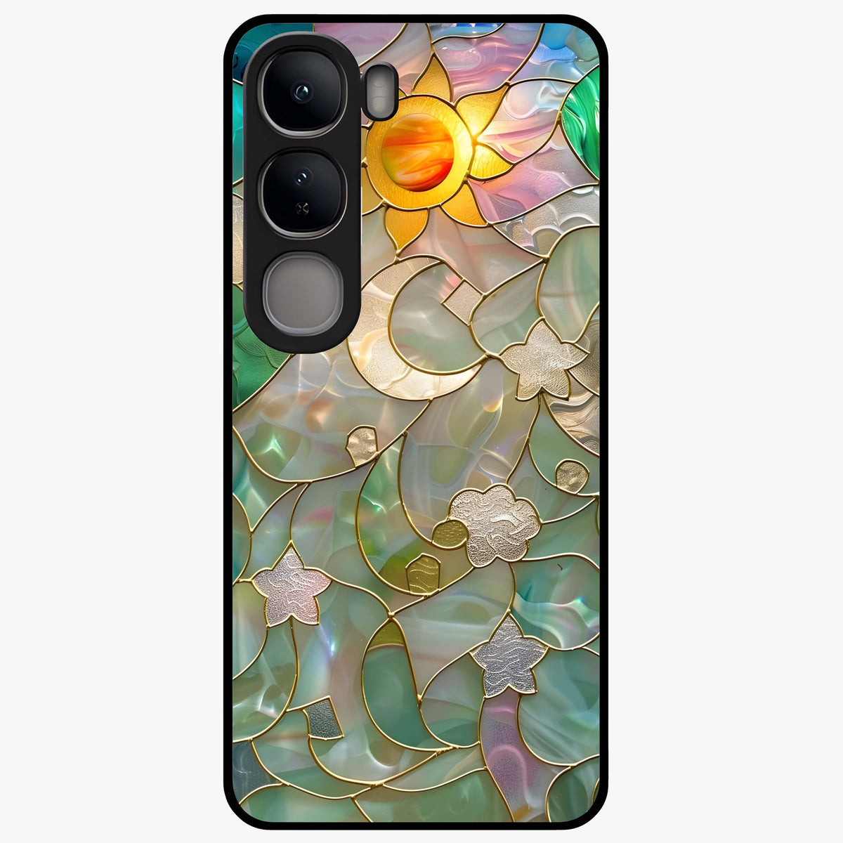 Stained Sunrise Glow Glass Case showing flat back view with glowing sunrise stained pattern artwork and glossy glass finish.