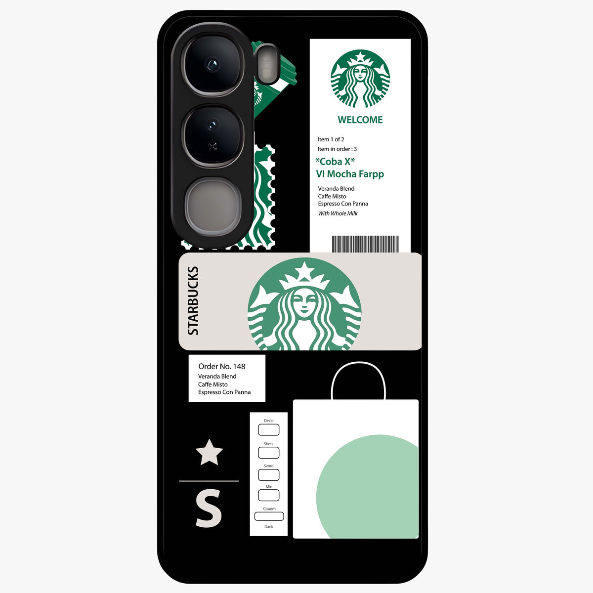 Starbucks Mocha Glass Case showing flat back view with coffee inspired artwork and glossy glass finish.