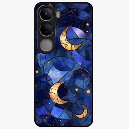 Starlit Sky Tapestry Glass Case showing flat back view with decorative starry sky tapestry artwork and glossy glass finish.