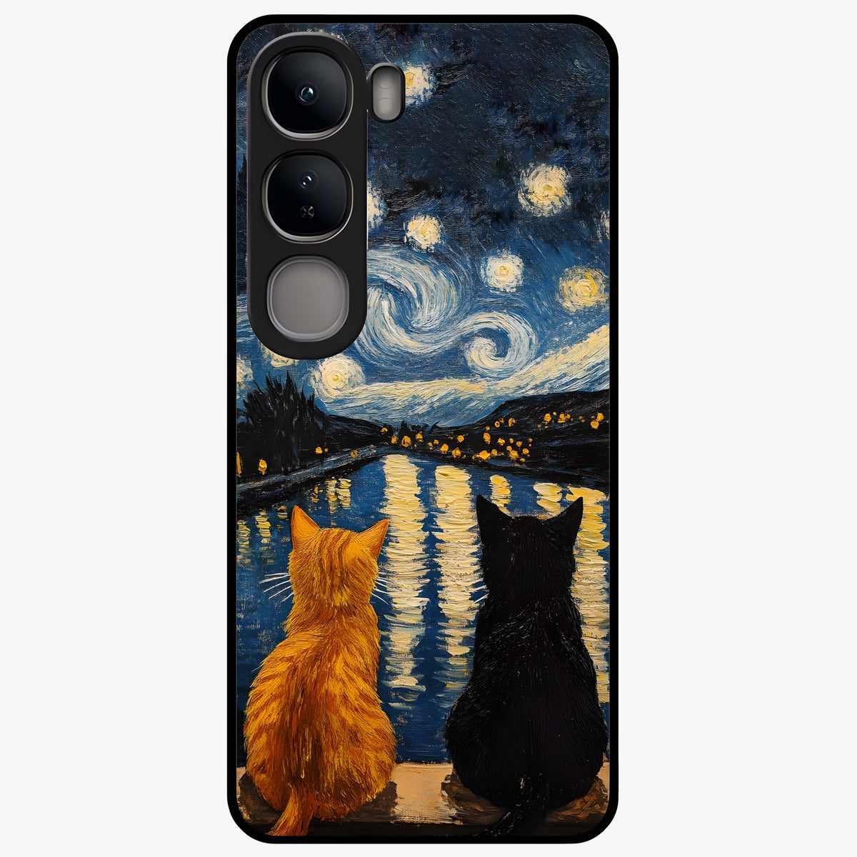 Starry River Cats Glass Case showing flat back view with cats by a starry river artwork and glossy glass finish.