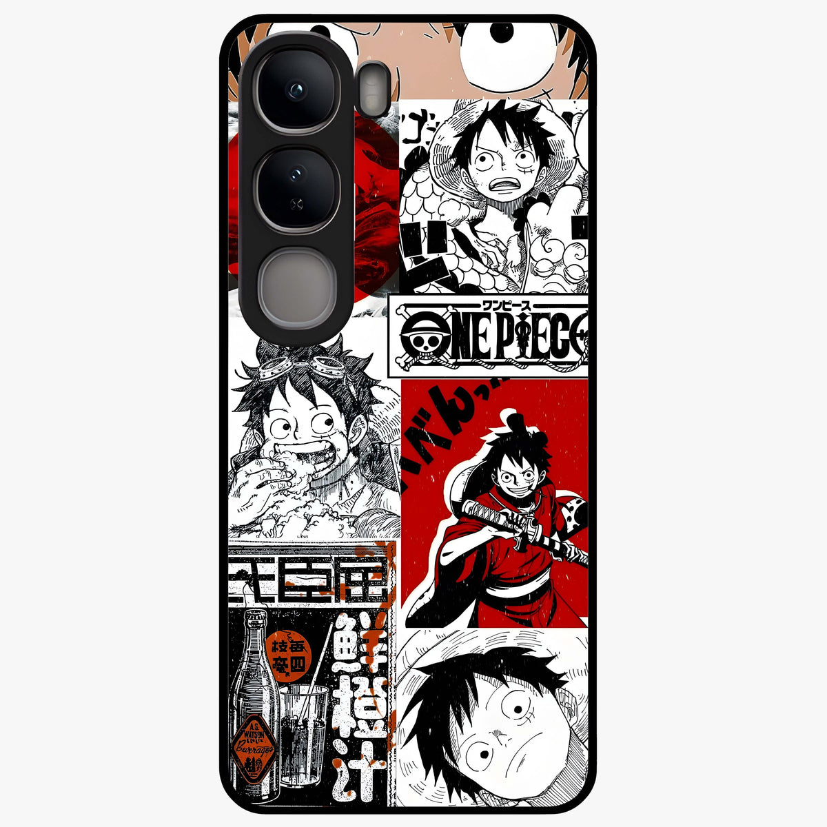 Strawhat Chaos Panels Glass Case showing flat back view with anime inspired chaos panel artwork and glossy glass finish.