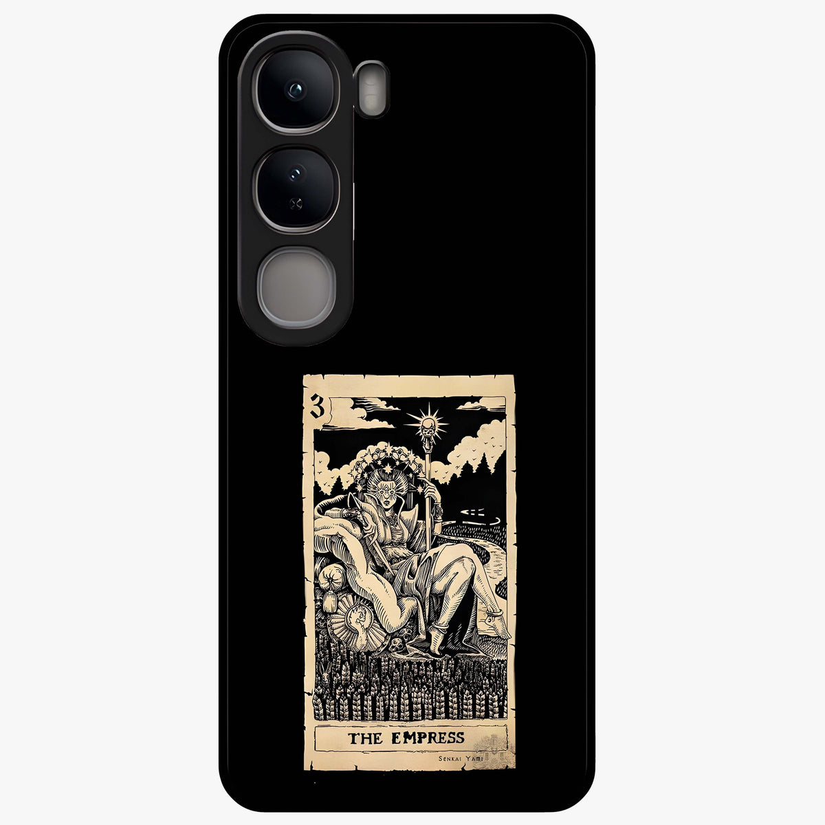 The Empress Glass Case showing flat back view with regal feminine artwork and glossy glass finish.