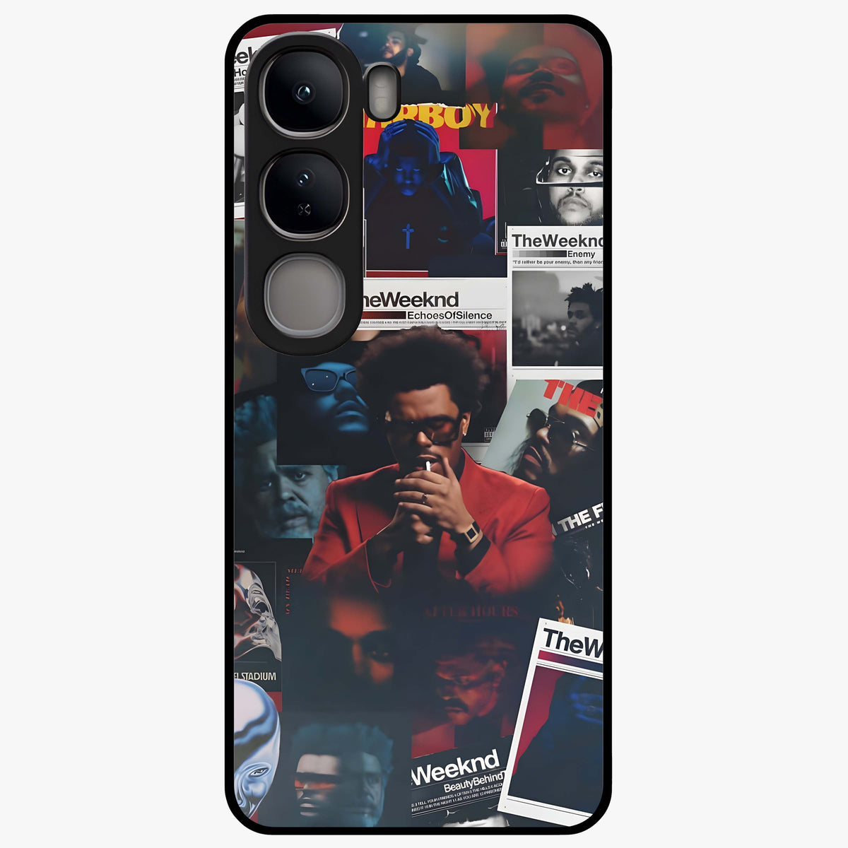 The Weeknd Glass Case showing flat back view with music inspired artistic portrait artwork and glossy glass finish.