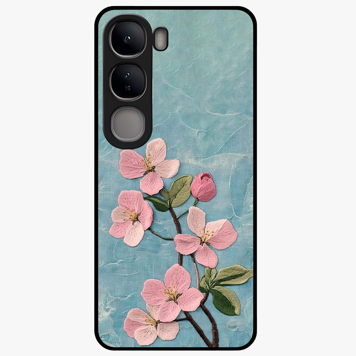 Threaded Blossom Breeze Glass Case showing flat back view with delicate blossom artwork and glossy glass finish.