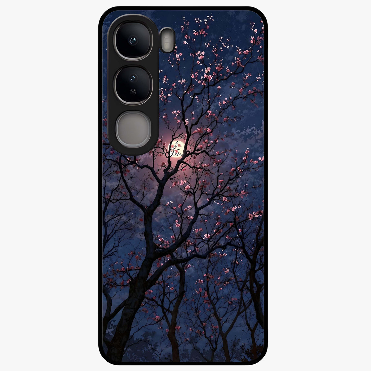 Twilight Sakura Serenade Glass Case showing flat back view with cherry blossom artwork at twilight and glossy glass finish.