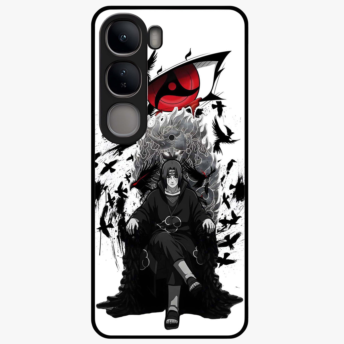 Uchiha Shadow Throne Glass Case showing flat back view with cosmic underwater themed artwork and glossy glass finish.