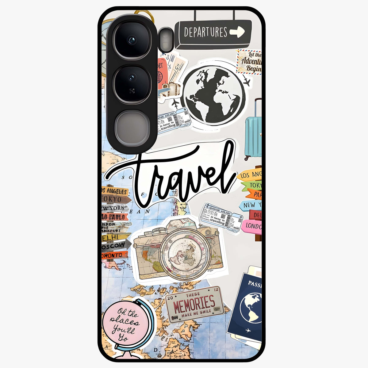 Wanderlust Journal Glass Case showing flat back view with travel inspired artwork and glossy glass finish.