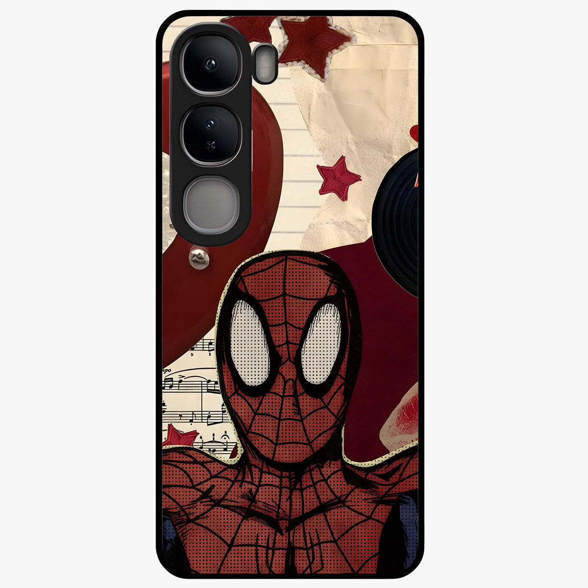Web Warrior Vibes Glass Case showing flat back view with superhero inspired web themed artwork and glossy glass finish.