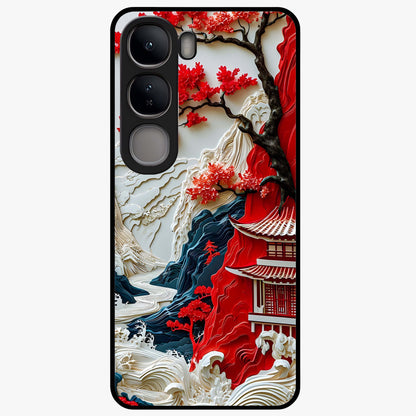 Whispers Of Sakura Waves Glass Case showing flat back view with cherry blossom wave artwork and glossy glass finish.