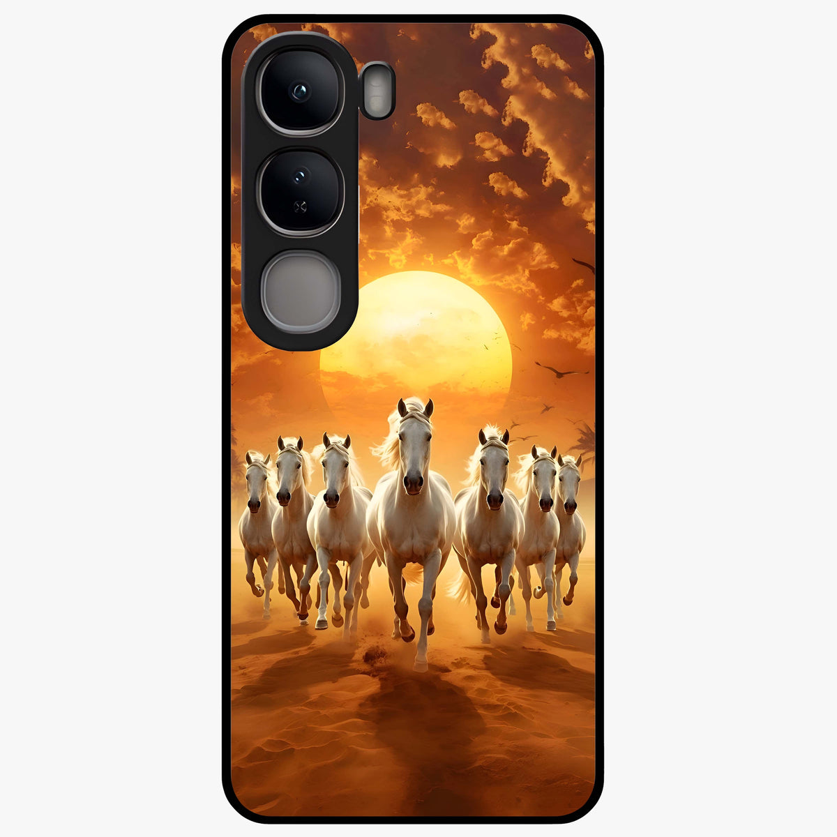 Wild Sunset Majesty Glass Case showing flat back view with majestic sunset landscape artwork and glossy glass finish.