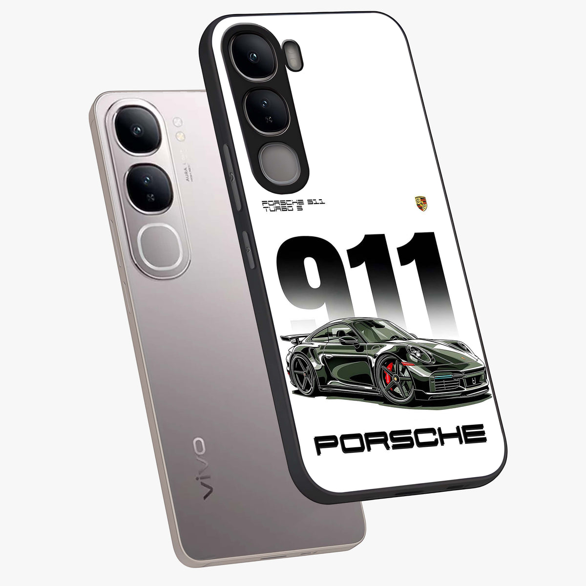 911 Turbo Dominance Glass Case displayed in premium angled mockup highlighting sporty car illustration and sleek glass surface.