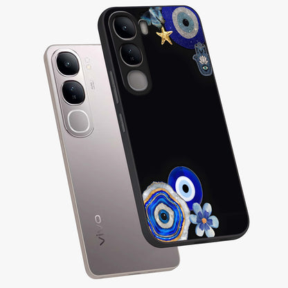Aesthetic Blue Evil Eye Glass Case displayed in angled mockup highlighting blue evil eye symbol and spiritual aesthetic design.