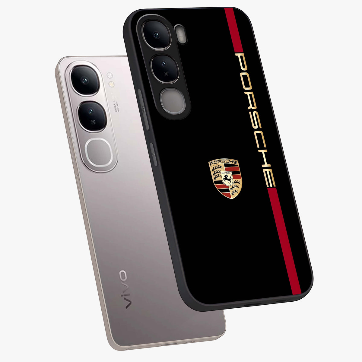 Black Minimal Porsche Glass Case displayed in angled mockup highlighting modern minimal car illustration and clean aesthetic design.