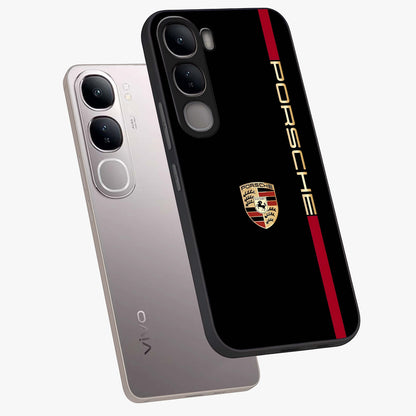 Black Minimal Porsche Glass Case displayed in angled mockup highlighting modern minimal car illustration and clean aesthetic design.