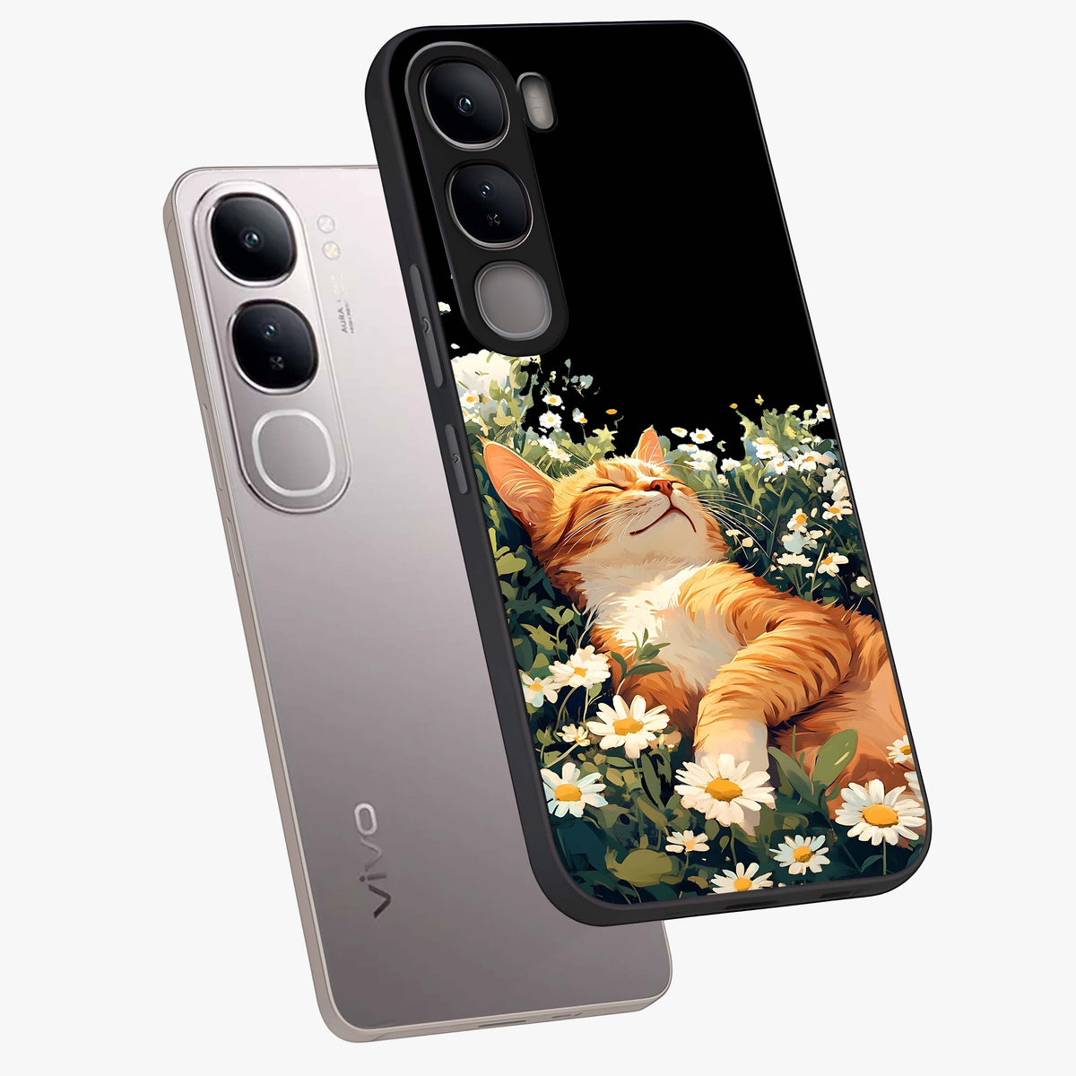 Blissful Bloom Cat Glass Case displayed in angled mockup highlighting playful feline illustration with soft floral aesthetic.