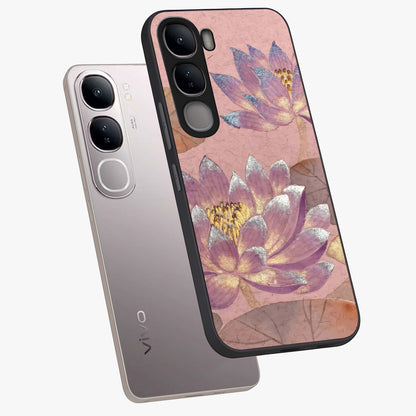 Blossom Mist Lotus Glass Case displayed in angled mockup highlighting delicate lotus illustration with calm aesthetic theme.