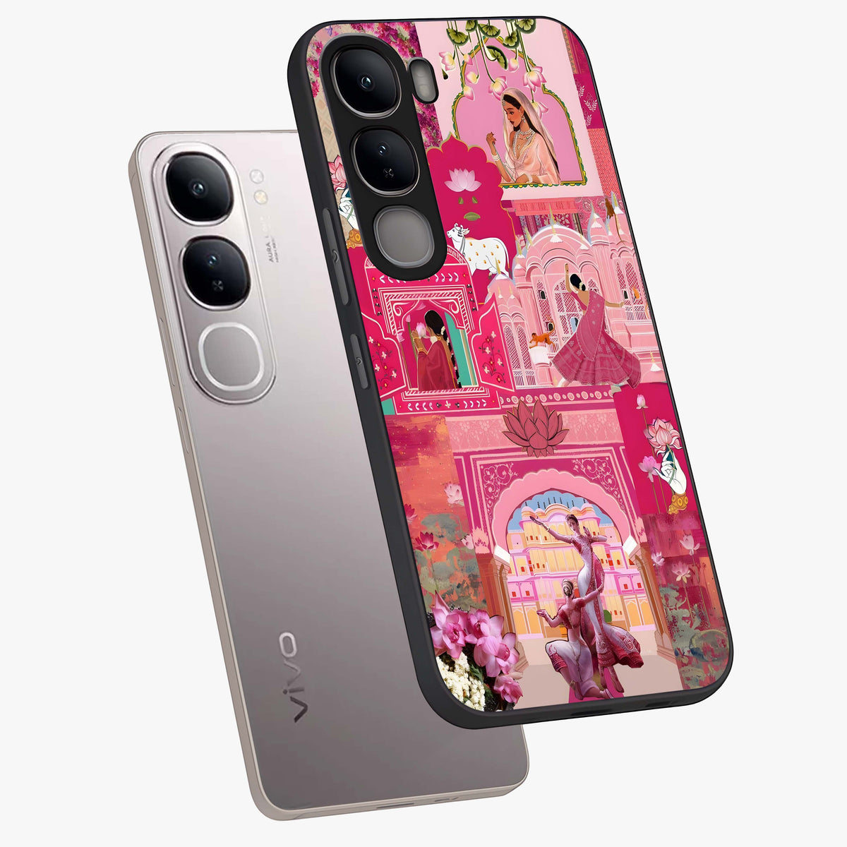 Blossoms of Rajasthan Glass Case displayed in angled mockup highlighting vibrant floral pattern with cultural aesthetic style.