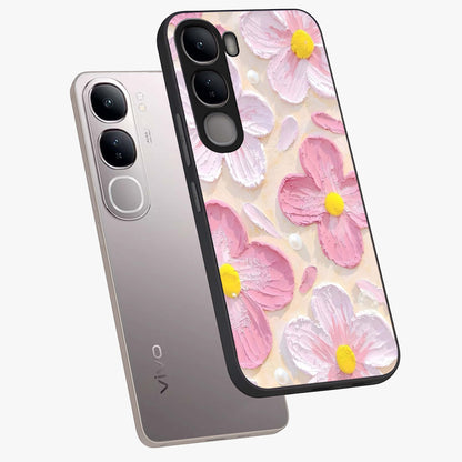 Blush Bloom Texture Glass Case displayed in angled mockup highlighting subtle bloom pattern with aesthetic pastel design.