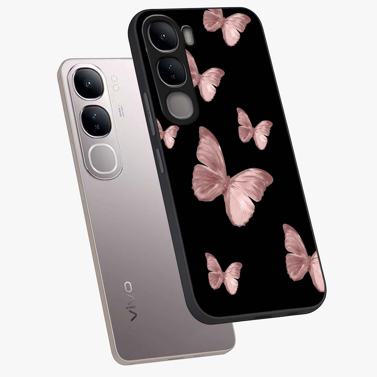 Butterfly Pattern Glass Case displayed in angled mockup highlighting delicate butterfly design and aesthetic pattern style.