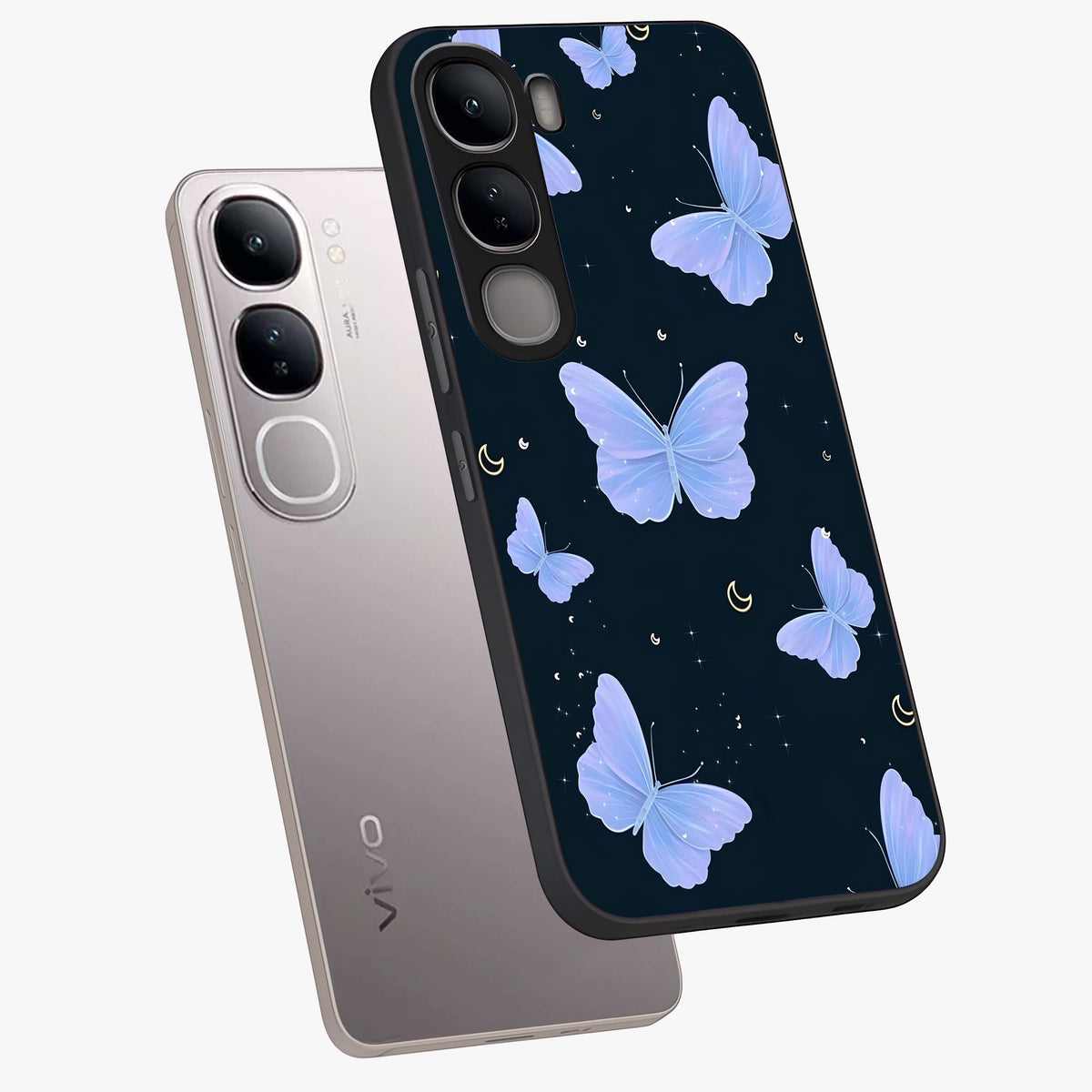 Butterfly With Stars Pattern Glass Case displayed in angled mockup highlighting dreamy butterfly and star design with aesthetic theme.