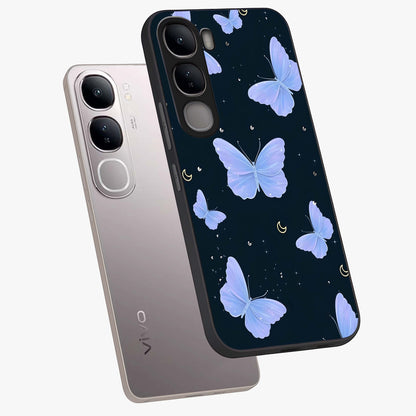 Butterfly With Stars Pattern Glass Case displayed in angled mockup highlighting dreamy butterfly and star design with aesthetic theme.