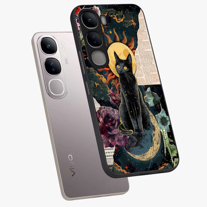 Celestial Black Cat Glass Case displayed in angled mockup highlighting cosmic black cat design with celestial aesthetic.