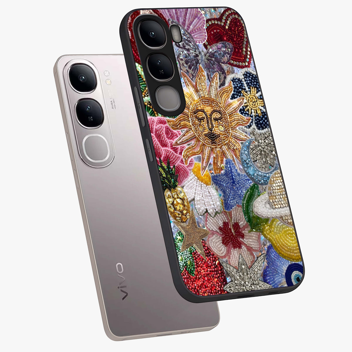 Celestial Floral and Playful Glass Case displayed in angled mockup highlighting playful floral design with dreamy celestial elements.
