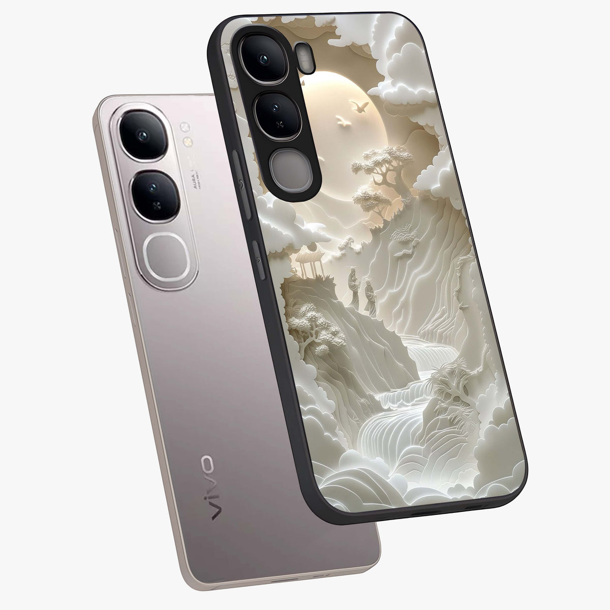 Celestial Origami Glass Case displayed in angled mockup highlighting geometric origami design with cosmic aesthetic theme.