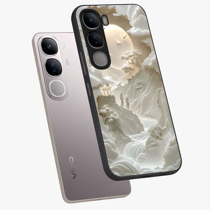 Celestial Origami Glass Case displayed in angled mockup highlighting geometric origami design with cosmic aesthetic theme.