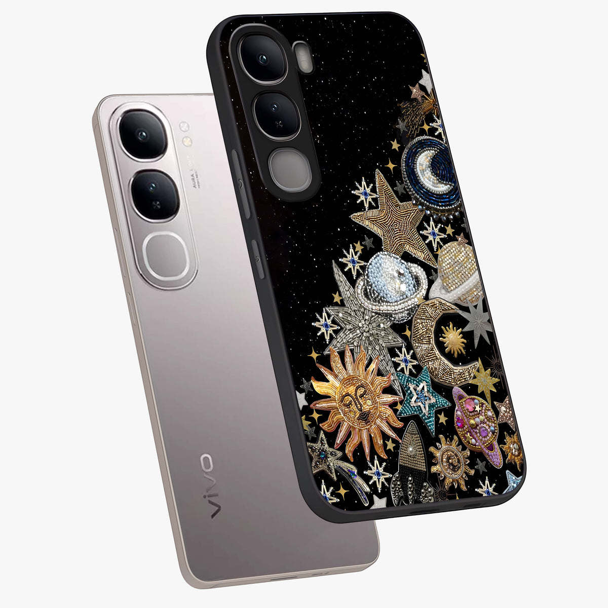 Cosmic Sparkle Dreams Glass Case displayed in angled mockup highlighting dreamy star sparkle design with celestial aesthetic.