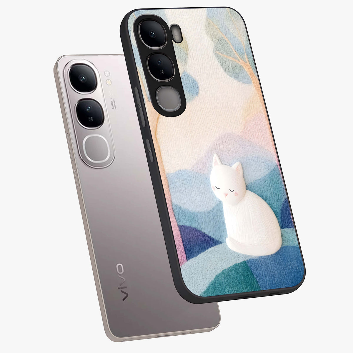 Cotton Dream Cat Glass Case displayed in angled mockup highlighting cute feline illustration with pastel aesthetic style.