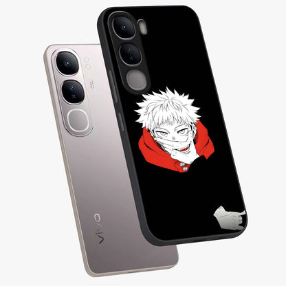 Crimson Chaos Smile Glass Case displayed in angled mockup highlighting edgy crimson smile design with graphic aesthetic.