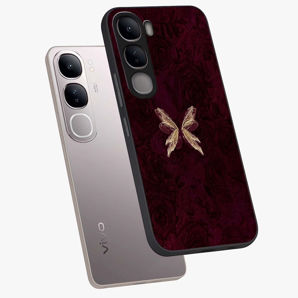 Crimson Fade Butterfly Glass Case displayed in angled mockup highlighting elegant butterfly design with crimson gradient aesthetic.