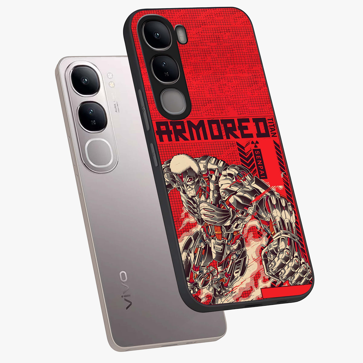 Crimson Mecha Titan Glass Case displayed in angled mockup highlighting futuristic mech illustration with bold crimson aesthetic.