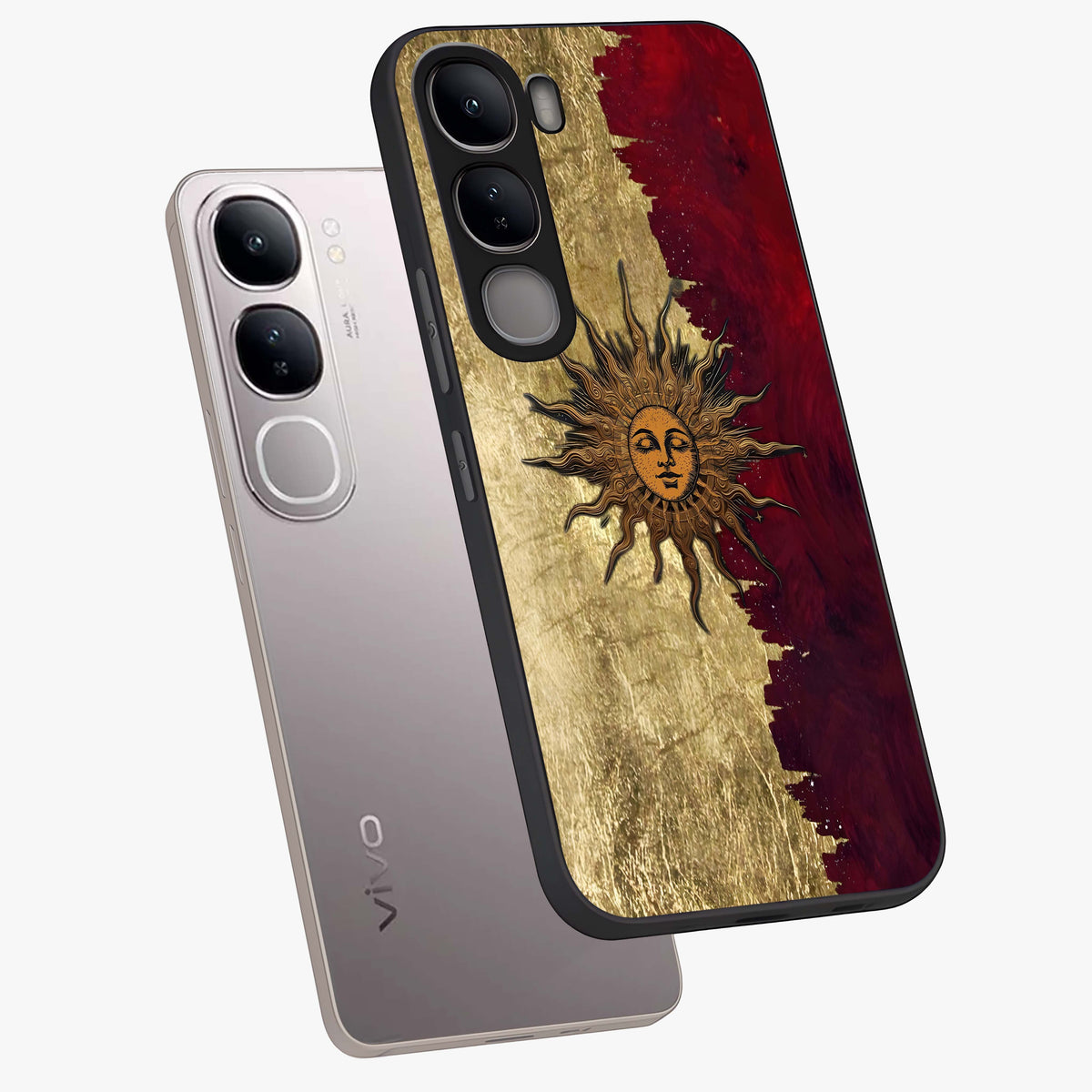 Crimson Sun Majesty Glass Case displayed in angled mockup highlighting majestic crimson sun design with bold aesthetic style.
