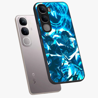 Cursed Energy Clash Glass Case displayed in angled mockup highlighting powerful battle inspired graphic with anime style aesthetic.