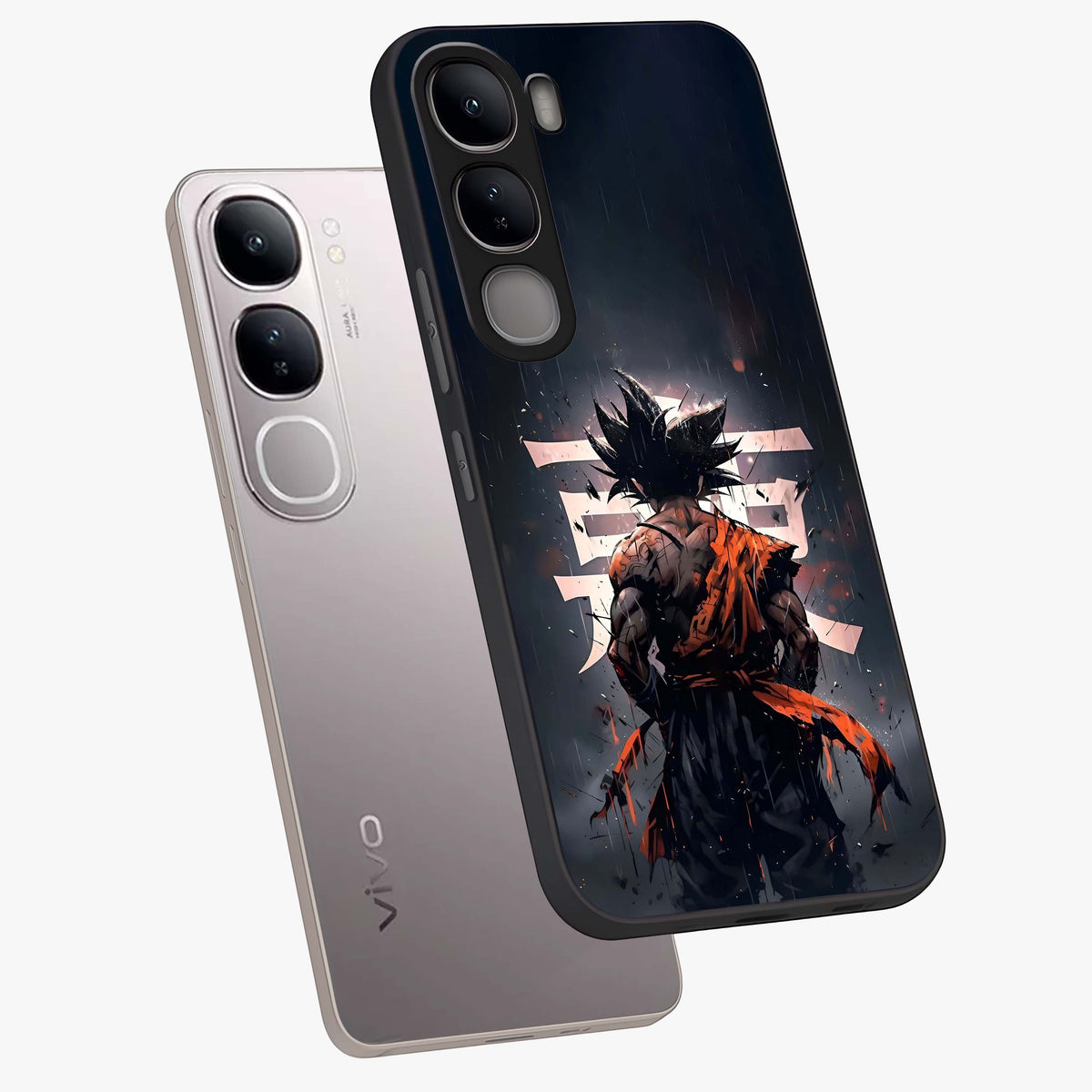 Dark Warrior In Rain Glass Case displayed in angled mockup highlighting dramatic warrior illustration with dark rain aesthetic.