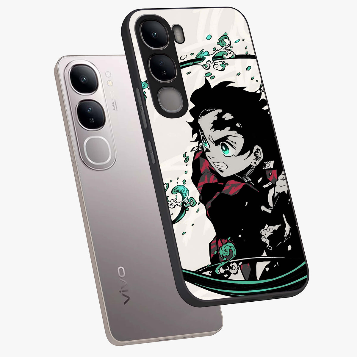 Demon Slayer Glass Case displayed in angled mockup highlighting dramatic anime character design with action aesthetic.